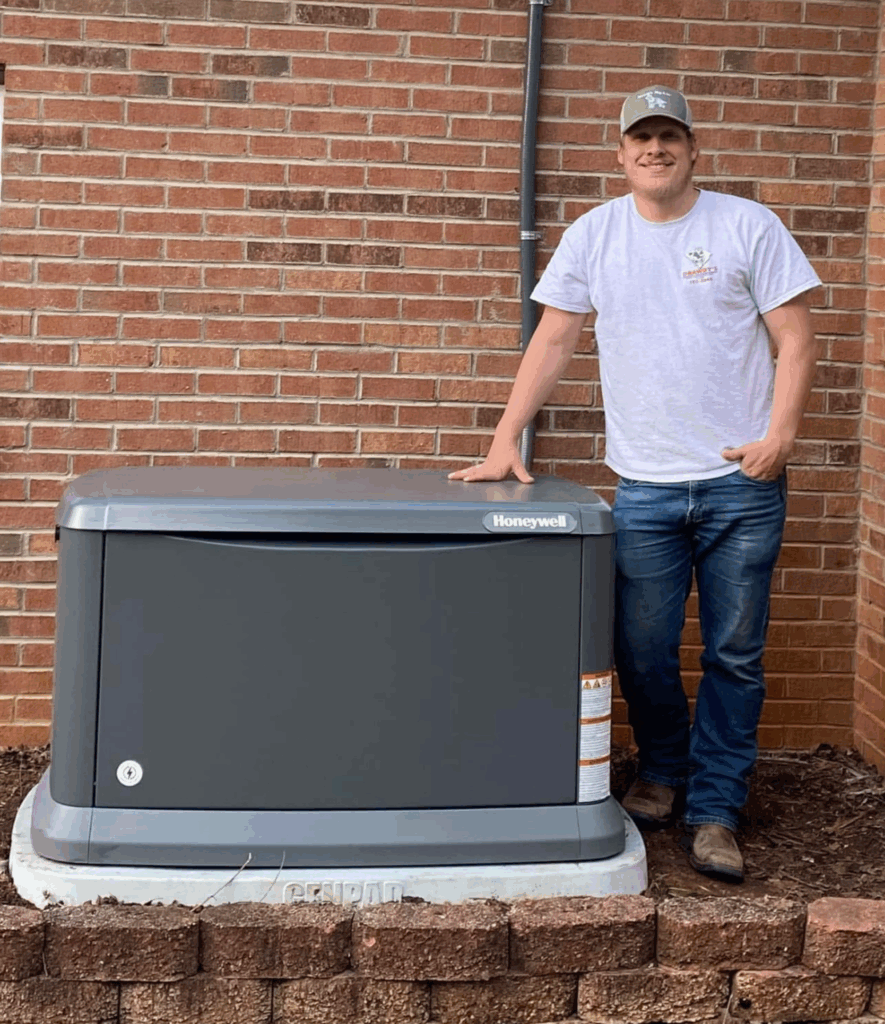 technician Joey Brown standing by generator